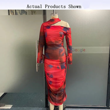 Wefads Women Maxi Dress Fashion Office Printed Long Sleeve Hollow Out Round Neck Nipped Waist Slim Party Dresses Streetwear