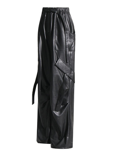 Solid Casual Leather Pants For Women High Waist Full Length Patchwork Pockets Chic Cargo Pant