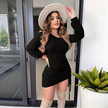 Women's Fashion Autumn Winter Sexy Slim Fit Solid Color Drawstring Asymmetrical Shoulder Long Sleeve Dress