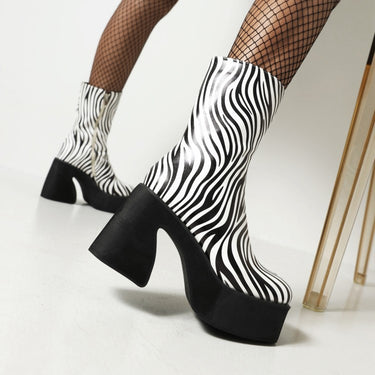 Cow Pattern Colorblock Platform Chunky High Heel Women's Mid Boots