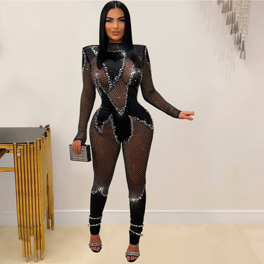 Style Solid Color Mesh Rhinestone Long Sleeve Long Pants Jumpsuit