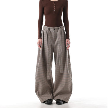 Vintage Preppy Style Checkered Wide-Leg Trousers for Men and Women, Clean Fit, Relaxed Casual Commuter Suit Pants