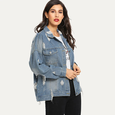 Basic Coat Bombers Vintage Fabric Patchwork Denim Jacket Women Cowboy Jeans Autumn Frayed Ripped Hole Jean Jacket