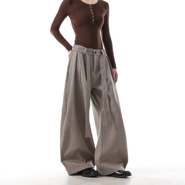Vintage Preppy Style Checkered Wide-Leg Trousers for Men and Women, Clean Fit, Relaxed Casual Commuter Suit Pants