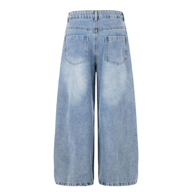 Star Patch Embroidered Jeans Women Washed Blue Wide Leg Casual Versatile Straight Leg Long Pants