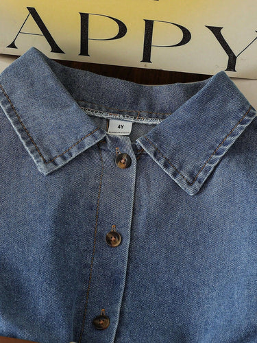 Girls' A-line denim dress with turned-down collar and washed finish