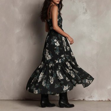 New style printed camisole dress for women, V-neck, waist cinched, high slit long skirt, fashionable vacation dress