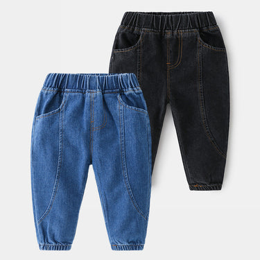 Soft Stretch Cuffed Mid-Waist Solid Color Kids Denim Pants with Cotton Jeans Clothing