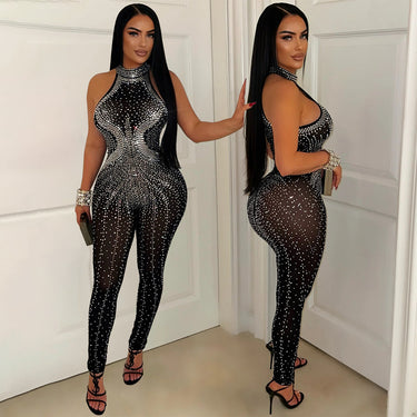 Sexy mesh see through jumpsuit sleeveless women's clothing