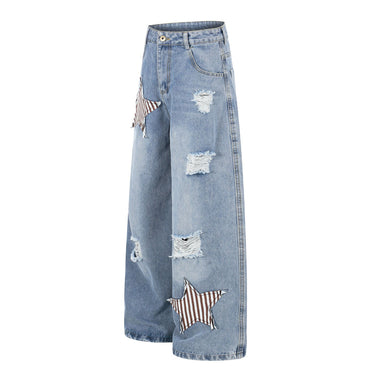 Star Patch Embroidered Jeans Women Washed Blue Wide Leg Casual Versatile Straight Leg Long Pants