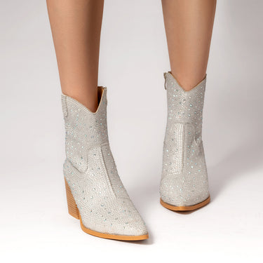 Rhinestone Decor Zipper Design Boots For Women Chunky Heel Fashion Trendy Crystals Cowboy Boots Glitter Shoes Woman