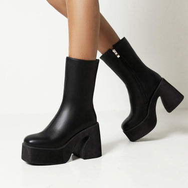 Cow Pattern Colorblock Platform Chunky High Heel Women's Mid Boots