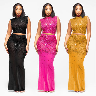 Style Women's Sexy Sheer Mesh Rhinestone Long Dress Two-Piece Set