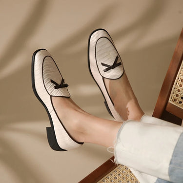 Spring/Autumn Women Loafers Genuine Leather Shoes for Women Round Toe Chunky Heel Shoes Casual Bow-knot Low Heel Women Pumps