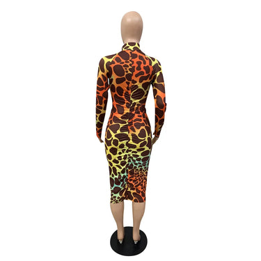 Women Leopard Print Zipper Up Turn-down Neck Long Sleeve Stacked Bodycon Midi Dress Elegant Active Ruched Draped Dresses