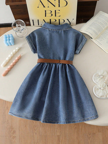 Girls' A-line denim dress with turned-down collar and washed finish