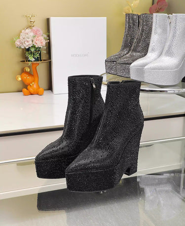 Sequined Crystal Ankle Boots High Heel Platform Wedge Shoes Winter Short Boots Fashion Stage Shoes