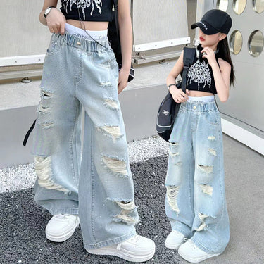 Girls' Denim Pants Lightweight Ripped Wide Leg Pants Straight Leg Style