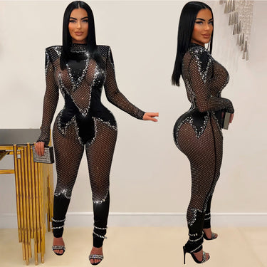 Style Solid Color Mesh Rhinestone Long Sleeve Long Pants Jumpsuit