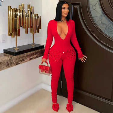 Sexy V-neck Jumpsuit Slim Pencil Pants Women's Solid Color Long-sleeved