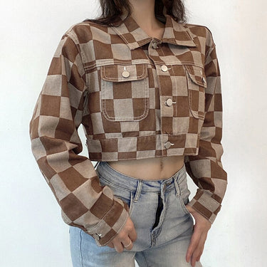 Vintage Brown Plaid Print Short Denim Jacket Women Korean Style Button Loose Jeans Coat Autumn Harajuku Outerwear 90s Iamhotty
