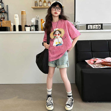 Girls' Round Neck Tie-Dye Top Mid-Large Child T-Shirt Kids Short Sleeve Baby