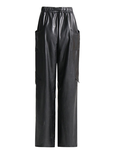 Solid Casual Leather Pants For Women High Waist Full Length Patchwork Pockets Chic Cargo Pant