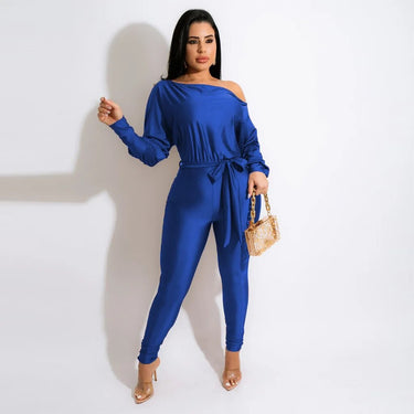 Autumn Women Clothing New Style Hot Sale Fashion Sexy Solid Color One Shoulder Lace Up Long Sleeved Trousers Jumpsuit