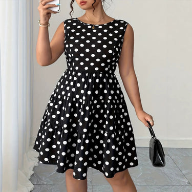 Polka Dot Print Dress with Color Block Bow, Plus Size Women's Dress