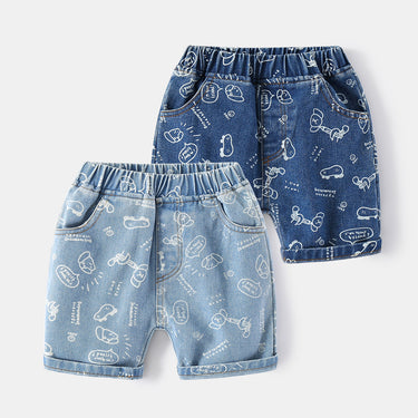 Cartoon Printed Denim Shorts for Boys, Mid-Length Kids' Pants