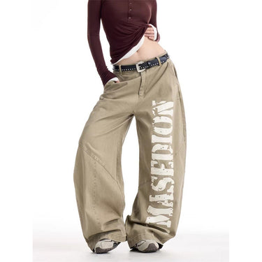 Vintage Retro Streetwear Style Printed High-Waisted Utility Denim Pants