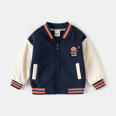 Casual Zip-Up Hoodie for Boys, Kids' Fleece-Lined Sweatshirt with Cartoon Embroidery Baseball Jacket