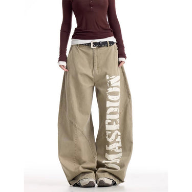 Vintage Retro Streetwear Style Printed High-Waisted Utility Denim Pants