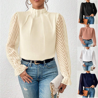 Autumn Winter New Women's High Neck Spliced Wave Pattern Chiffon Long Sleeve Top