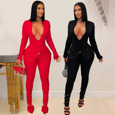 Sexy V-neck Jumpsuit Slim Pencil Pants Women's Solid Color Long-sleeved
