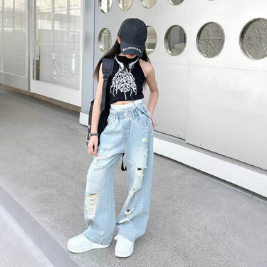 Girls' Denim Pants Lightweight Ripped Wide Leg Pants Straight Leg Style