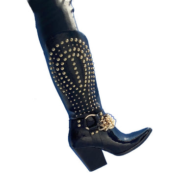 New Punk style western cowboy boots Women's Shoes Thick heel tip Rivet belt buckle Black Patent leather Plus Size