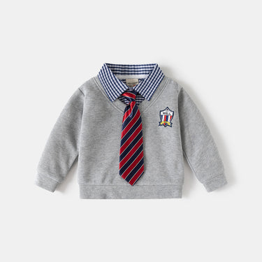 Children's Faux Two-Piece Hoodie, Boy's Shirt Collar Top, Casual Sweatshirt for Kids
