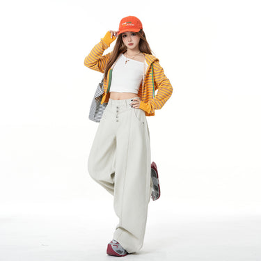 Stylish Gray and White Five-Button Loose Wide-Leg Jeans for Women