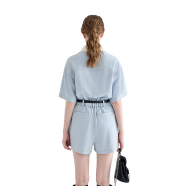 Style Blue Women's Romper with Peter Pan Collar, High-End Look, Short Sleeve, Casual Fit, Mini Length, One-Piece Clothing