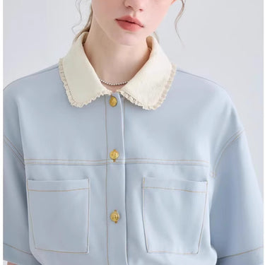 Style Blue Women's Romper with Peter Pan Collar, High-End Look, Short Sleeve, Casual Fit, Mini Length, One-Piece Clothing