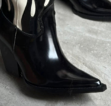 Pointed Toe Black and White Flame Print Knee High Boots Block Heels Slip-On Cowboy Cowgirl Vintage Classic Women Casual Shoes