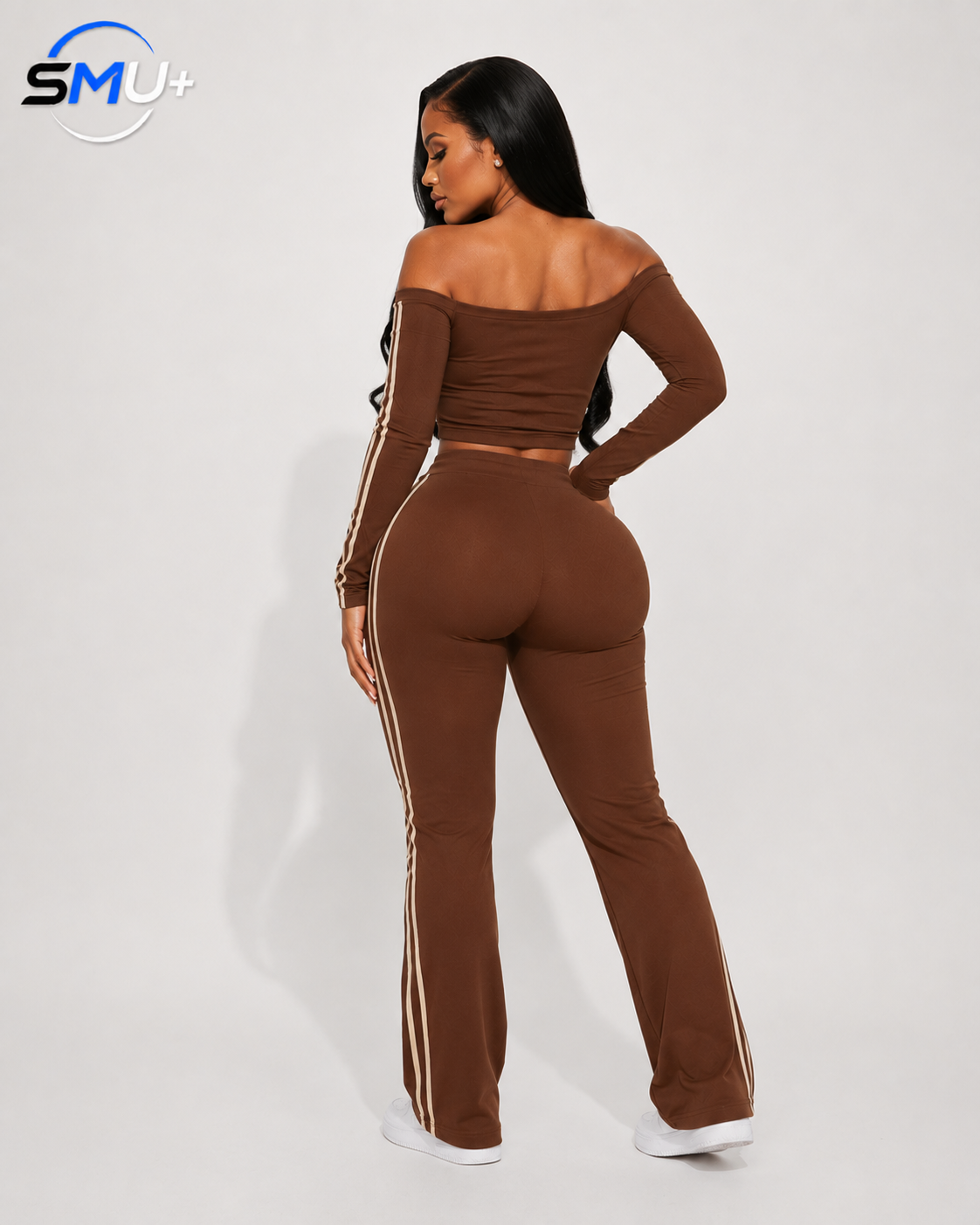 Off-Shoulder Letter Long Sleeve Top and Wide Leg Pants Athletic Set