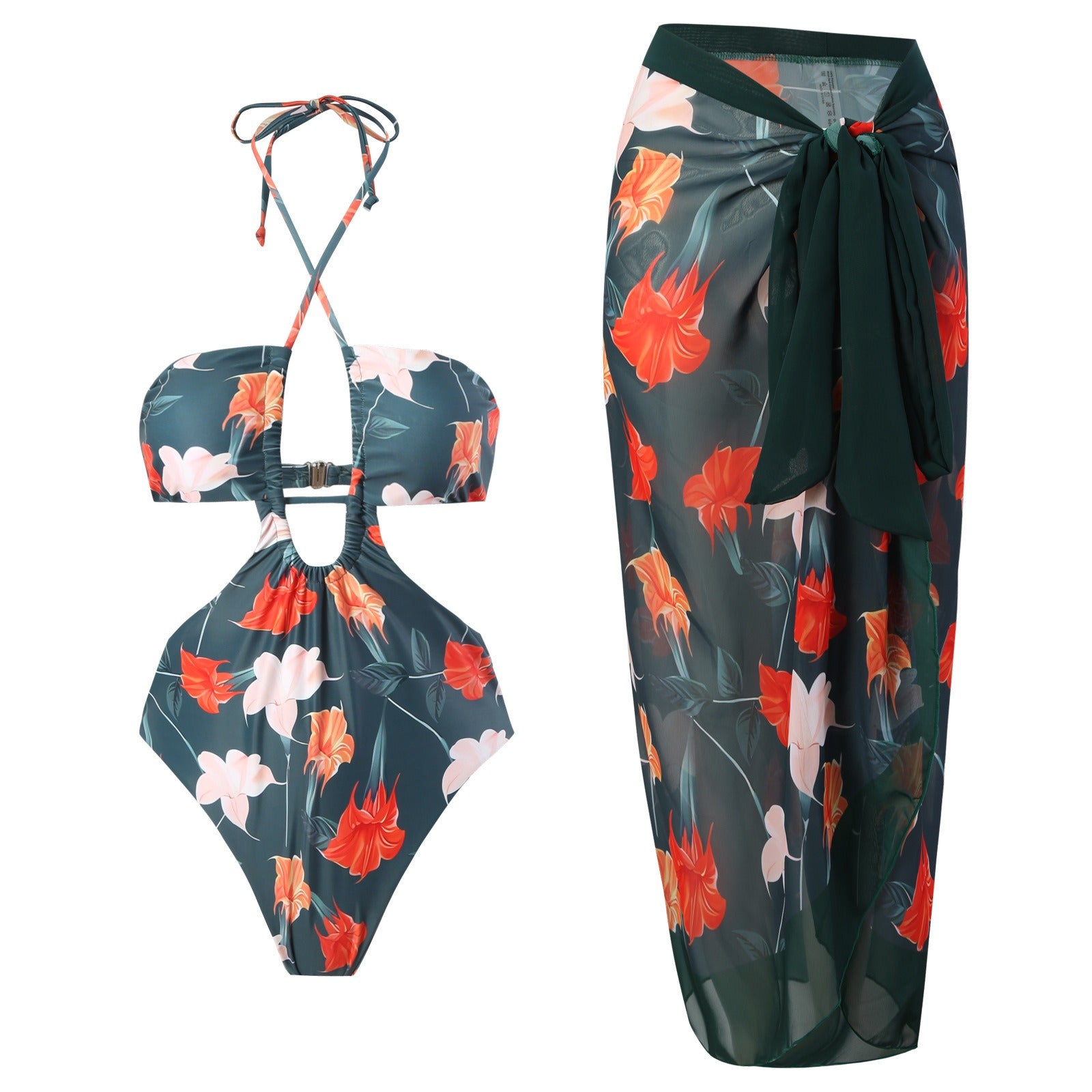 One-piece strappy hollow sexy triangle long chiffon wrap skirt foreign trade swimsuit/ SMU PLUS