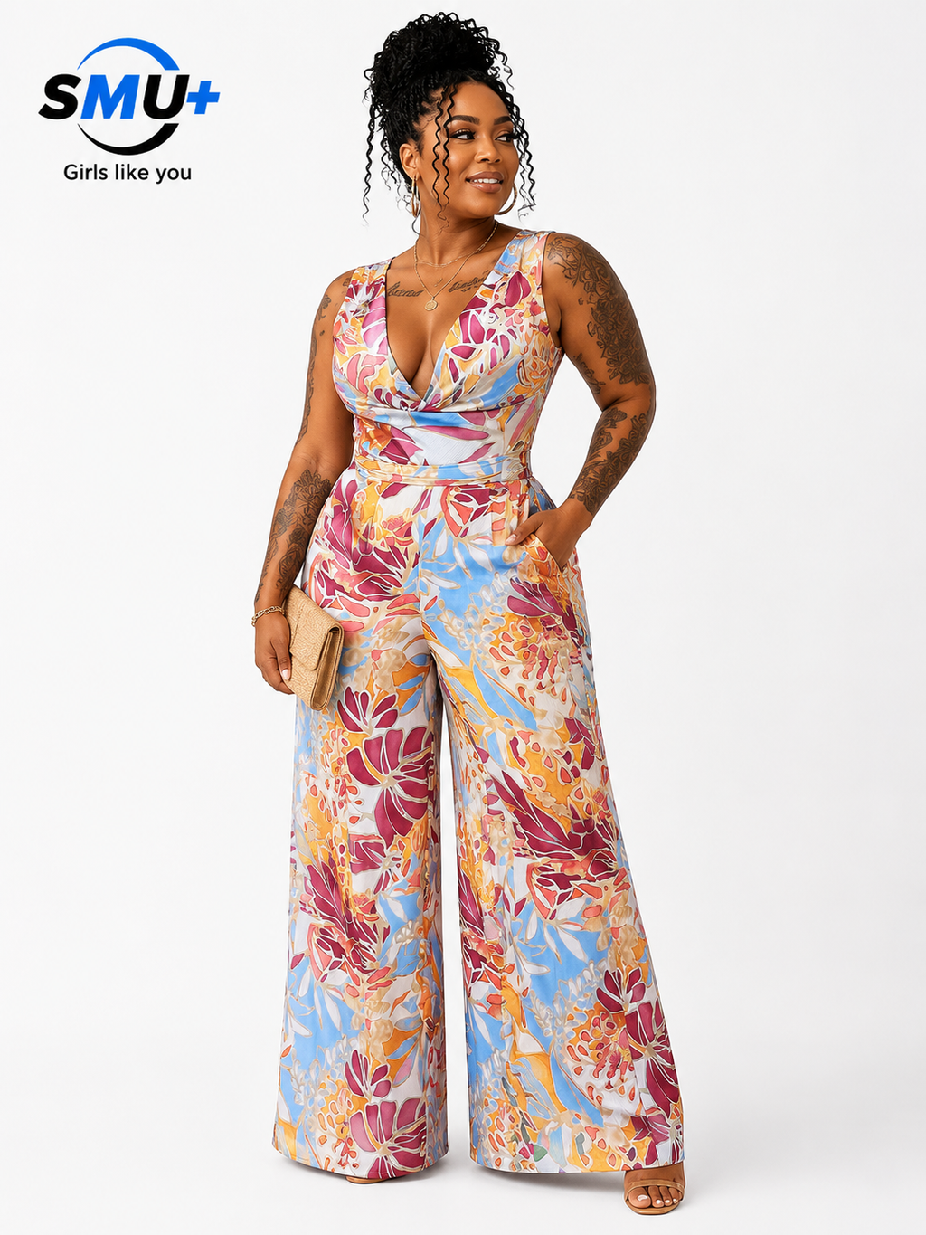 Sleeveless lace up wide leg printed jumpsuit