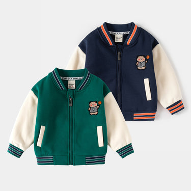 Casual Zip-Up Hoodie for Boys, Kids' Fleece-Lined Sweatshirt with Cartoon Embroidery Baseball Jacket