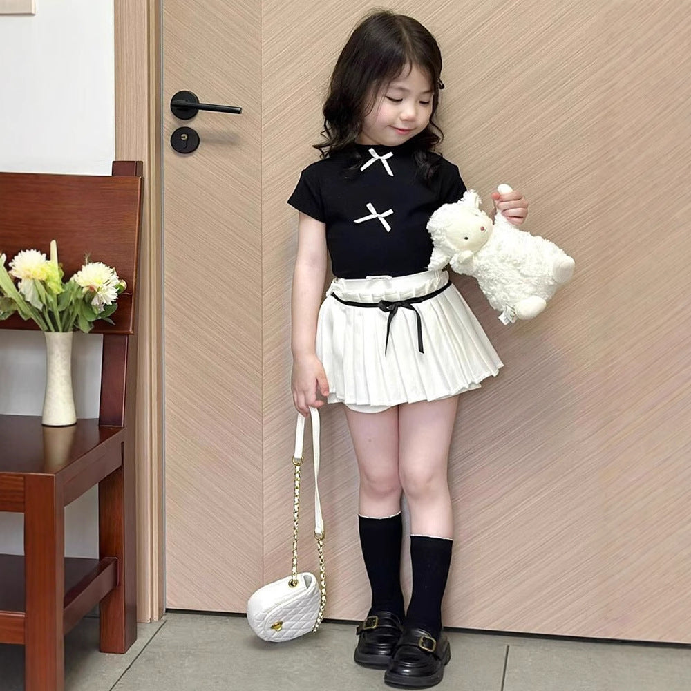 Girls' Summer Casual SetFitted Short Sleeve T-Shirt + Pleated Skirt 2-Piece Outfit for Kids
