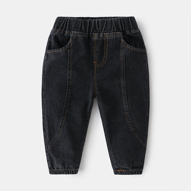Soft Stretch Cuffed Mid-Waist Solid Color Kids Denim Pants with Cotton Jeans Clothing