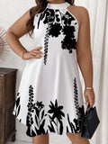 Style Fashion Retro Printed Halter Neck Tie-Up Dress Plus Size