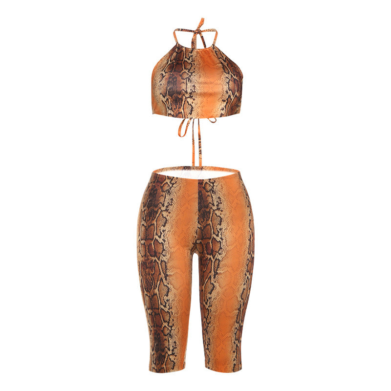 Digital Print Sexy Tie-up Strapless Crop Top &amp; High-waisted Pants Set